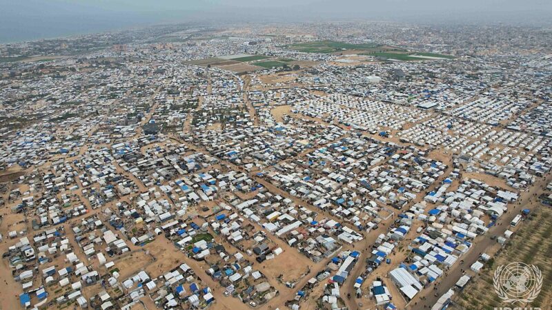 Aerial view of displaced Palestinians living in tents at Al-Mawasi Gaza Strip