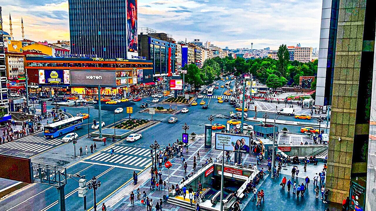 Kizilay Square in Ankara, Turkey, with city traffic