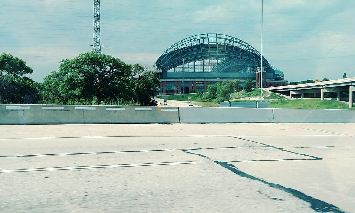 Milwaukee Brewers home stadium exterior under a bright sky